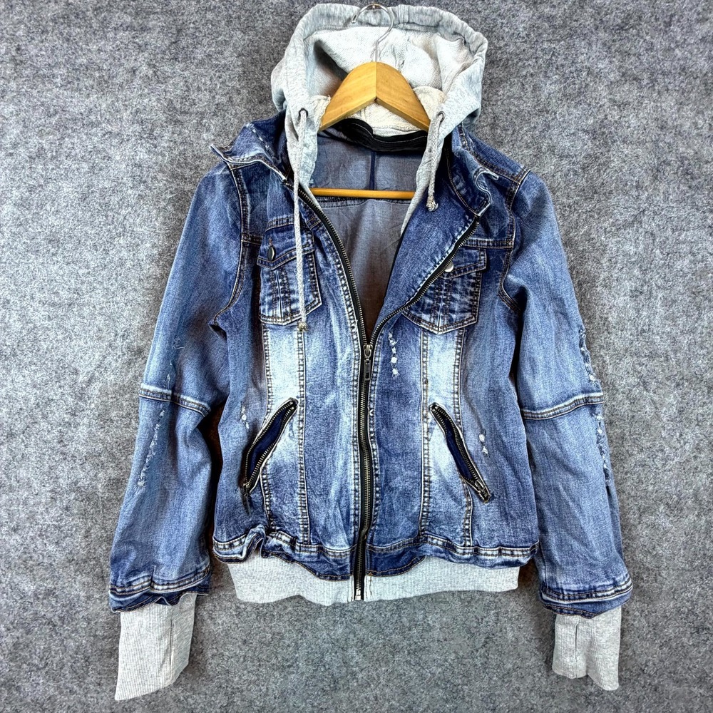 La Coalition Hybrid Hoodie Jacket‎ Womens Medium Blue Denim Grunge Distressed